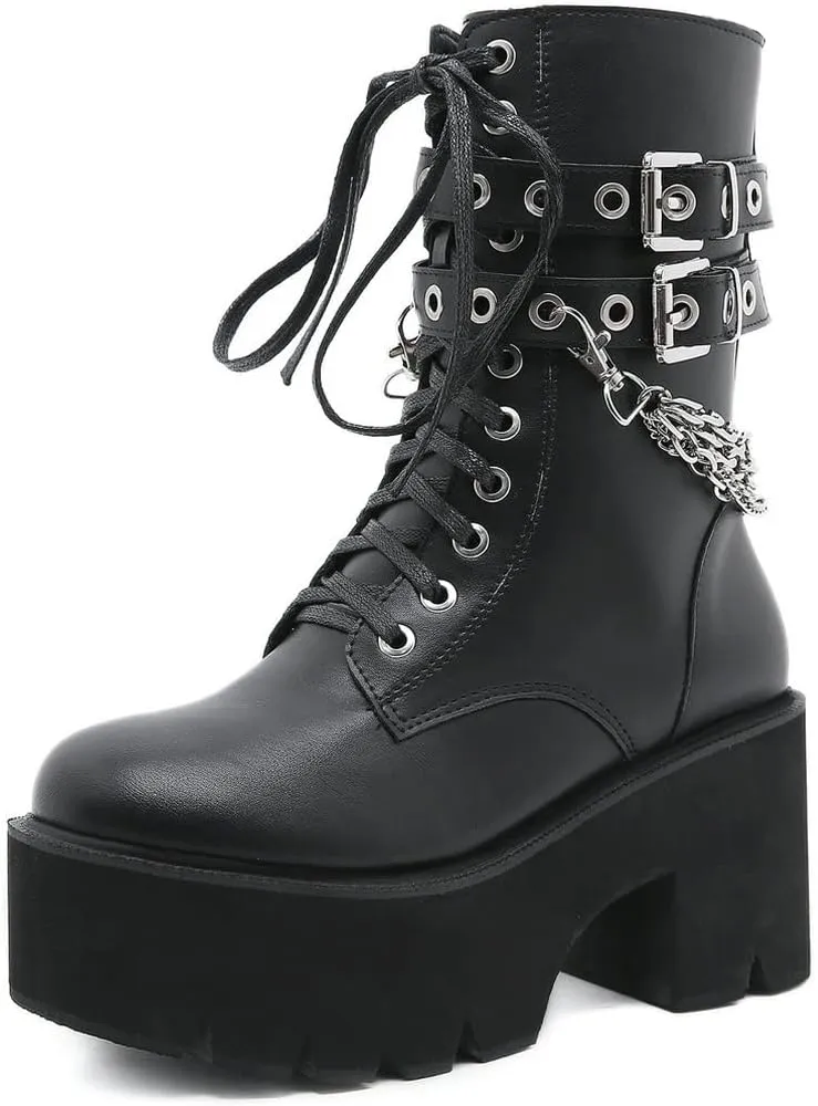Meefit Women Patent Goth Boots with Chains Platform Combat Boots Gothic Ankle Boots Chunky Heel Lace Up Booties