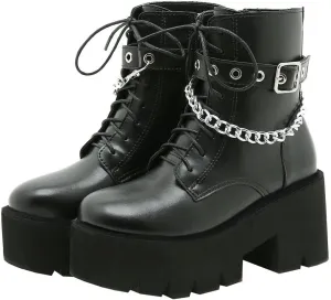 Meefit Women Patent Goth Boots with Chains Platform Combat Boots Gothic Ankle Boots Chunky Heel Lace Up Booties