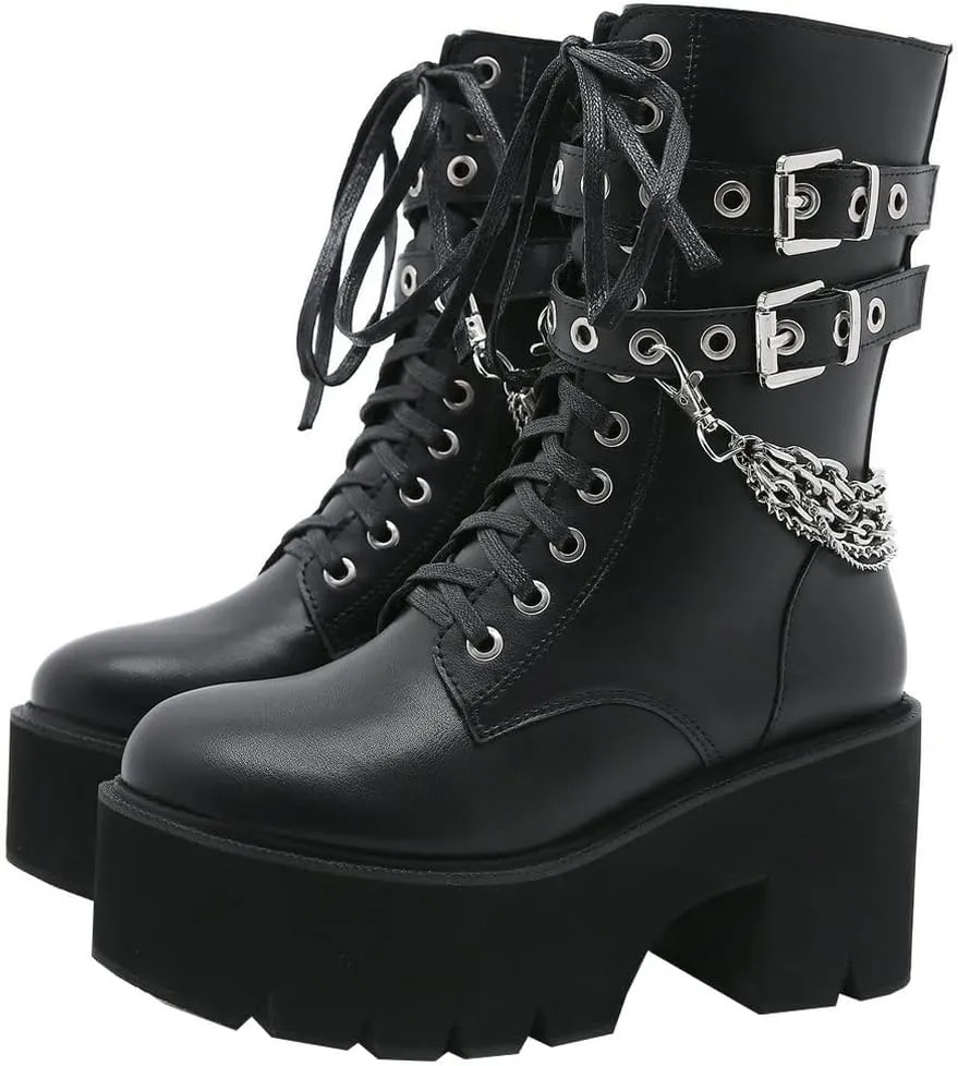 Meefit Women Patent Goth Boots with Chains Platform Combat Boots Gothic Ankle Boots Chunky Heel Lace Up Booties