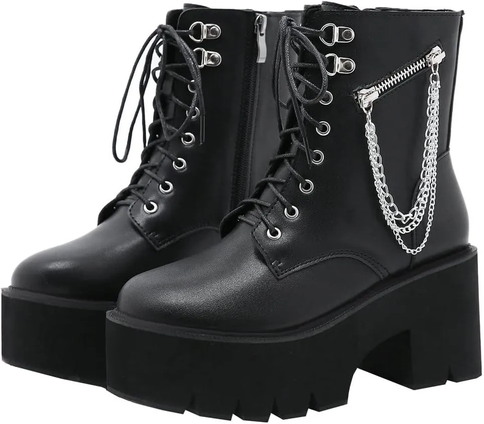 Meefit Women Patent Goth Boots with Chains Platform Combat Boots Gothic Ankle Boots Chunky Heel Lace Up Booties
