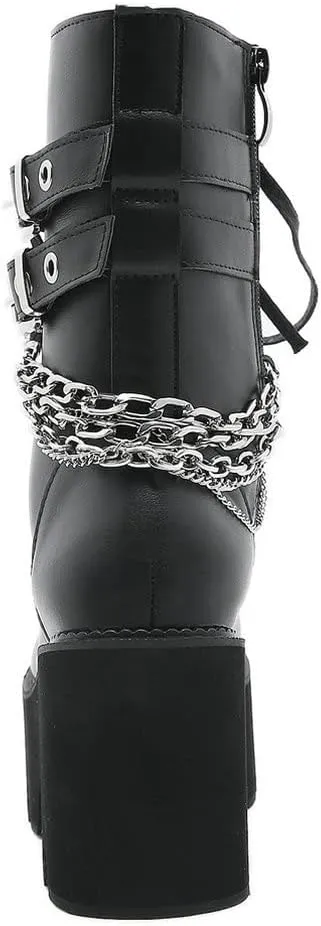 Meefit Women Patent Goth Boots with Chains Platform Combat Boots Gothic Ankle Boots Chunky Heel Lace Up Booties