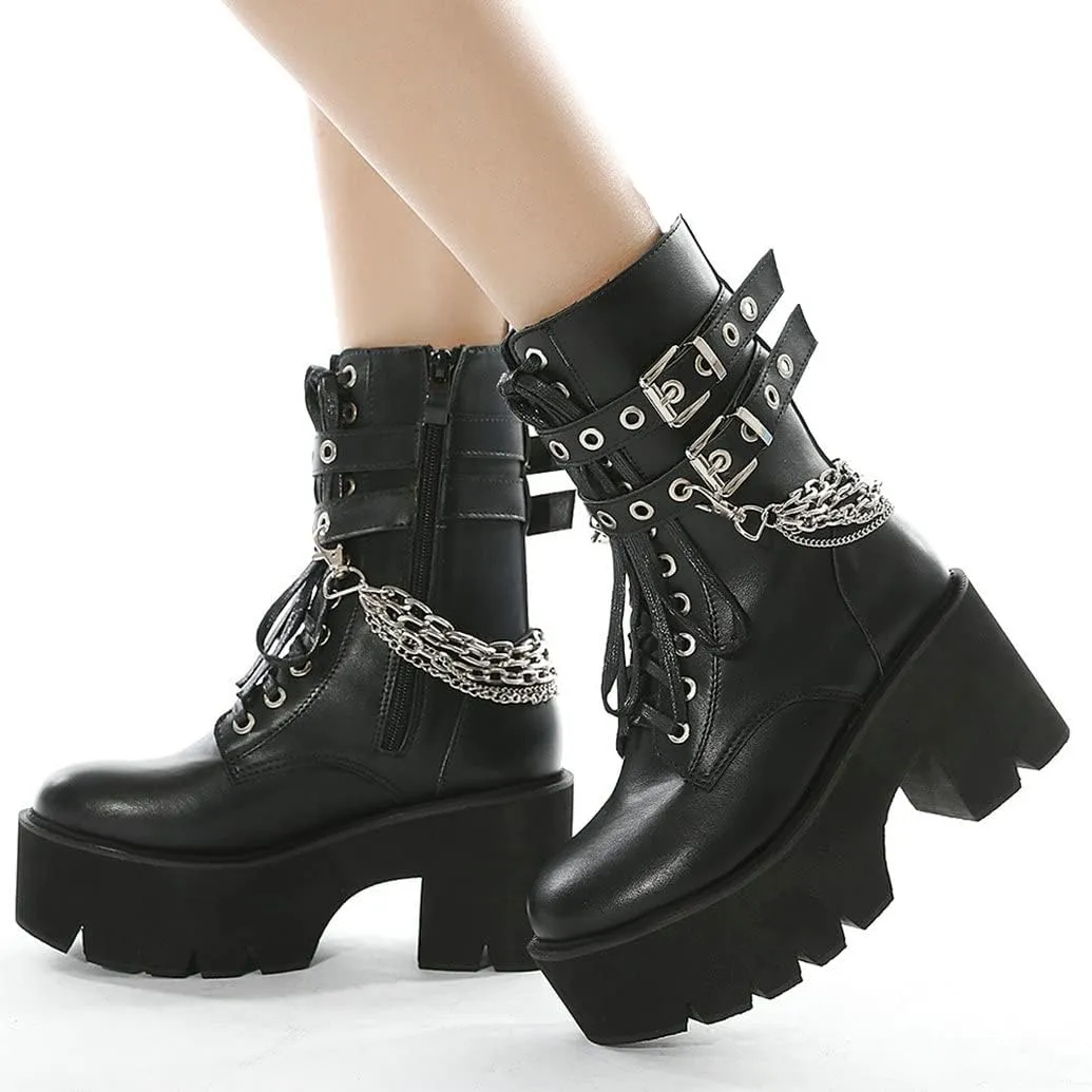 Meefit Women Patent Goth Boots with Chains Platform Combat Boots Gothic Ankle Boots Chunky Heel Lace Up Booties