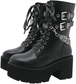 Meefit Women Patent Goth Boots with Chains Platform Combat Boots Gothic Ankle Boots Chunky Heel Lace Up Booties