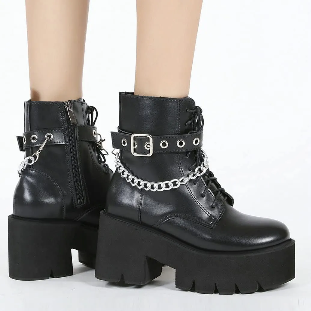 Meefit Women Patent Goth Boots with Chains Platform Combat Boots Gothic Ankle Boots Chunky Heel Lace Up Booties