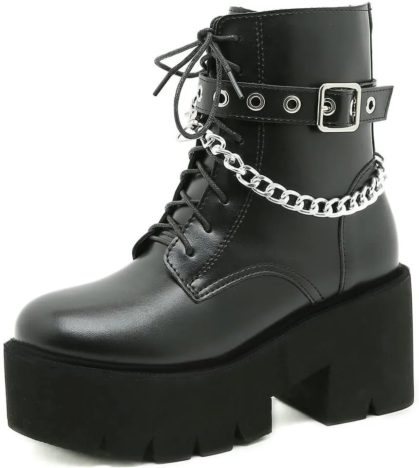 Meefit Women Patent Goth Boots with Chains Platform Combat Boots Gothic Ankle Boots Chunky Heel Lace Up Booties
