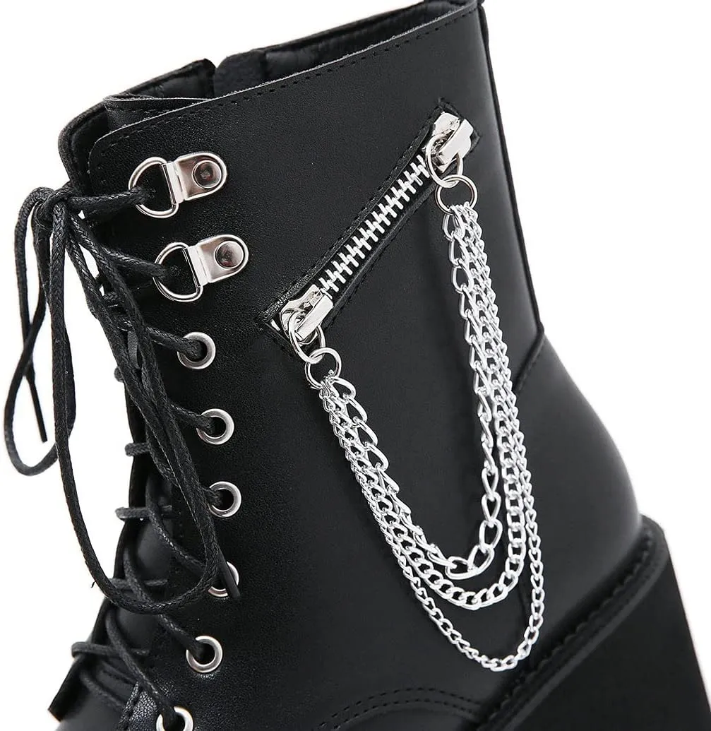 Meefit Women Patent Goth Boots with Chains Platform Combat Boots Gothic Ankle Boots Chunky Heel Lace Up Booties