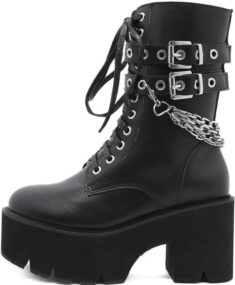 Meefit Women Patent Goth Boots with Chains Platform Combat Boots Gothic Ankle Boots Chunky Heel Lace Up Booties