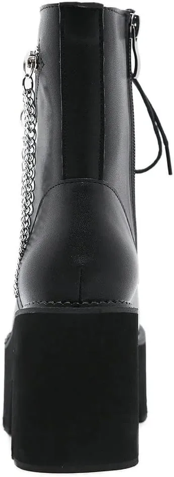 Meefit Women Patent Goth Boots with Chains Platform Combat Boots Gothic Ankle Boots Chunky Heel Lace Up Booties