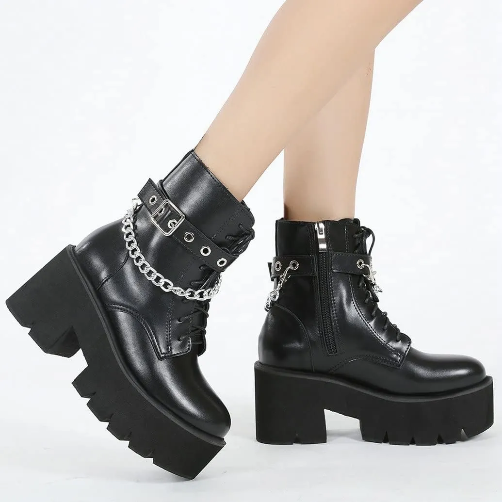 Meefit Women Patent Goth Boots with Chains Platform Combat Boots Gothic Ankle Boots Chunky Heel Lace Up Booties