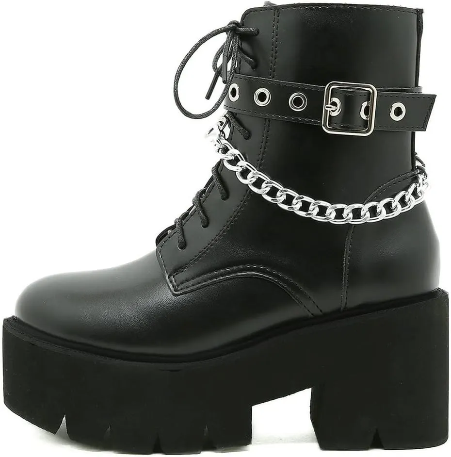 Meefit Women Patent Goth Boots with Chains Platform Combat Boots Gothic Ankle Boots Chunky Heel Lace Up Booties