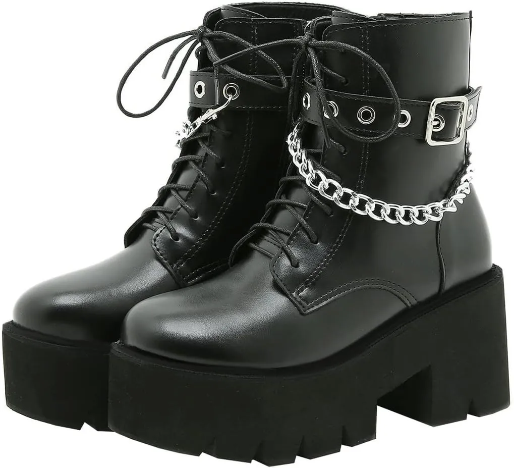 Meefit Women Patent Goth Boots with Chains Platform Combat Boots Gothic Ankle Boots Chunky Heel Lace Up Booties
