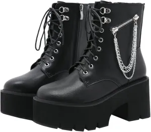 Meefit Women Patent Goth Boots with Chains Platform Combat Boots Gothic Ankle Boots Chunky Heel Lace Up Booties