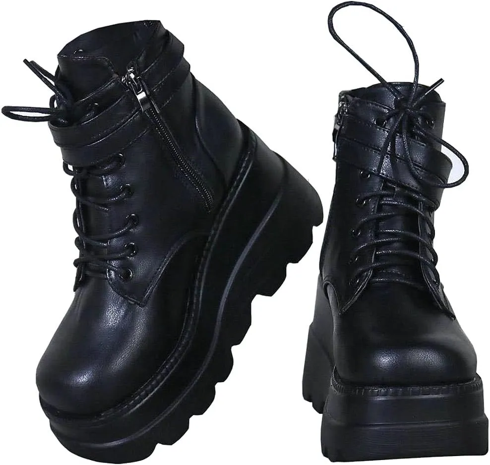 Meefit Women Wedged Boots Goth Lace Up Combat Platform Ankle Boots High Heels Punk Boots