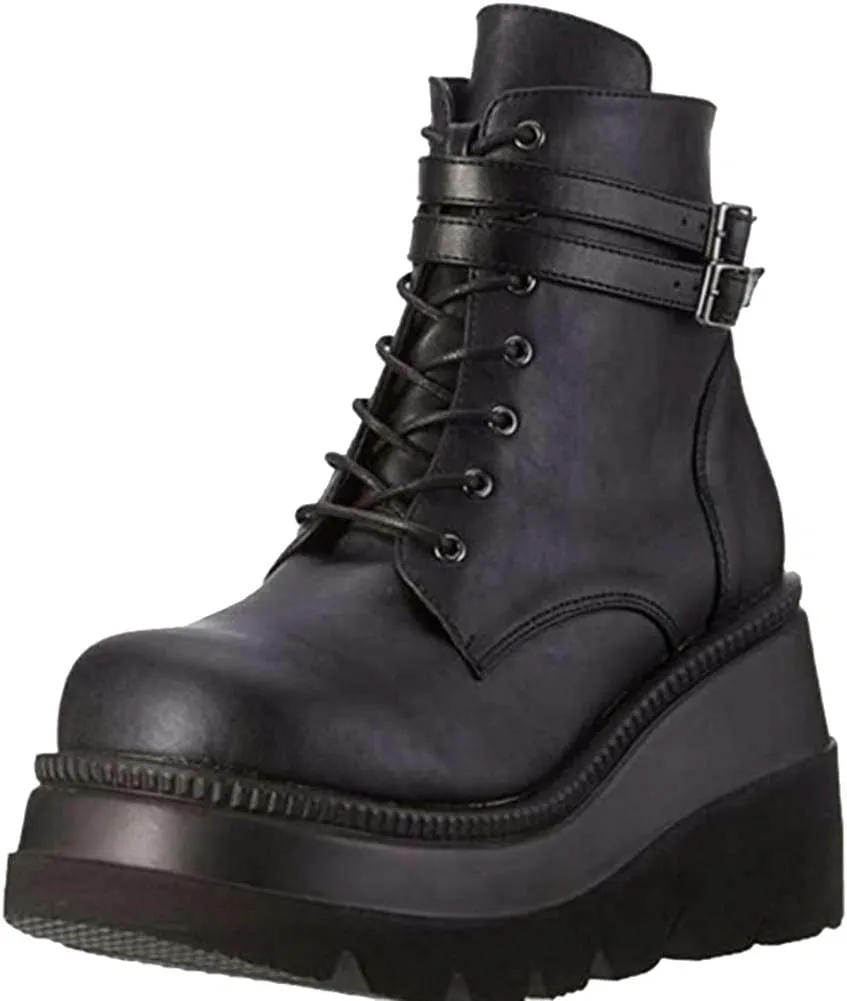 Meefit Women Wedged Boots Goth Lace Up Combat Platform Ankle Boots High Heels Punk Boots