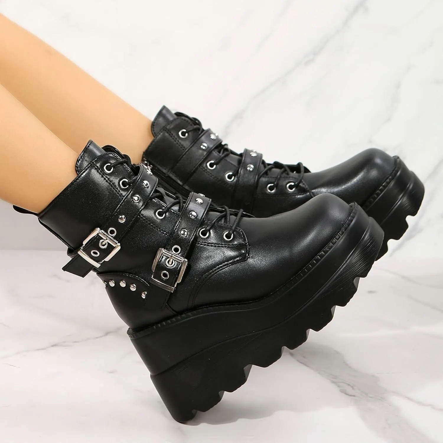 Meefit Women Wedged Boots Goth Lace Up Combat Platform Ankle Boots High Heels Punk Boots