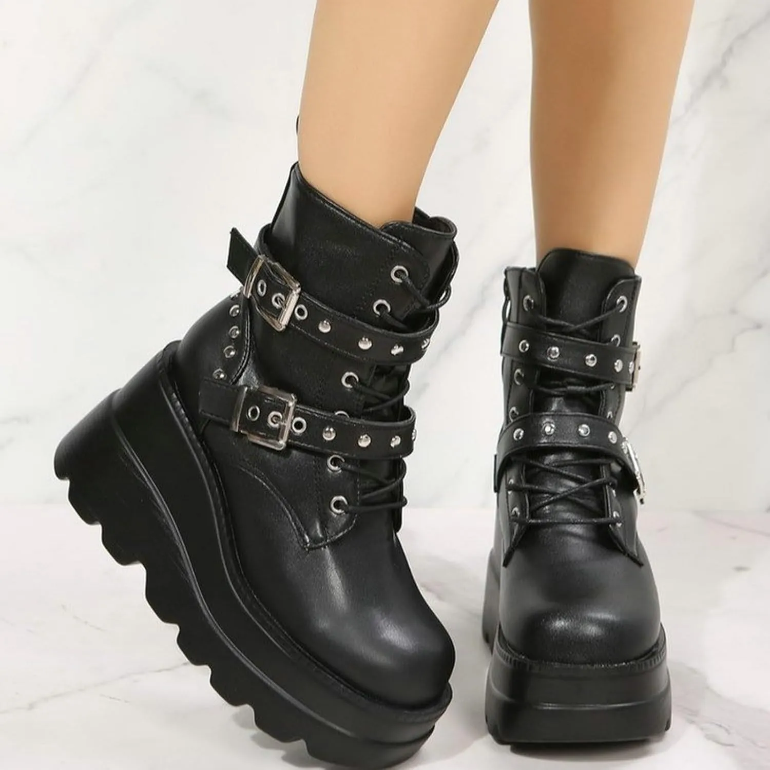 Meefit Women Wedged Boots Goth Lace Up Combat Platform Ankle Boots High Heels Punk Boots