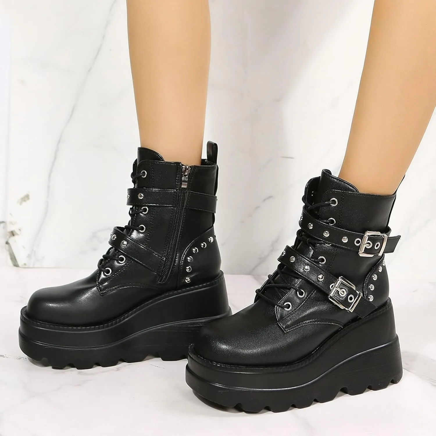 Meefit Women Wedged Boots Goth Lace Up Combat Platform Ankle Boots High Heels Punk Boots