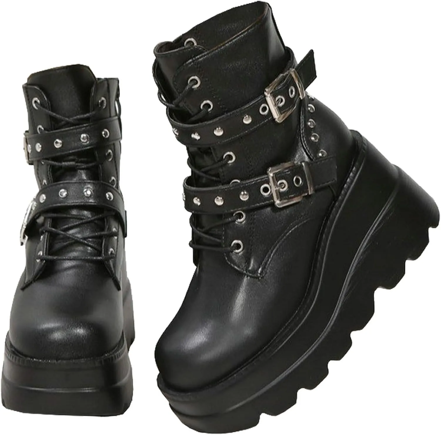 Meefit Women Wedged Boots Goth Lace Up Combat Platform Ankle Boots High Heels Punk Boots
