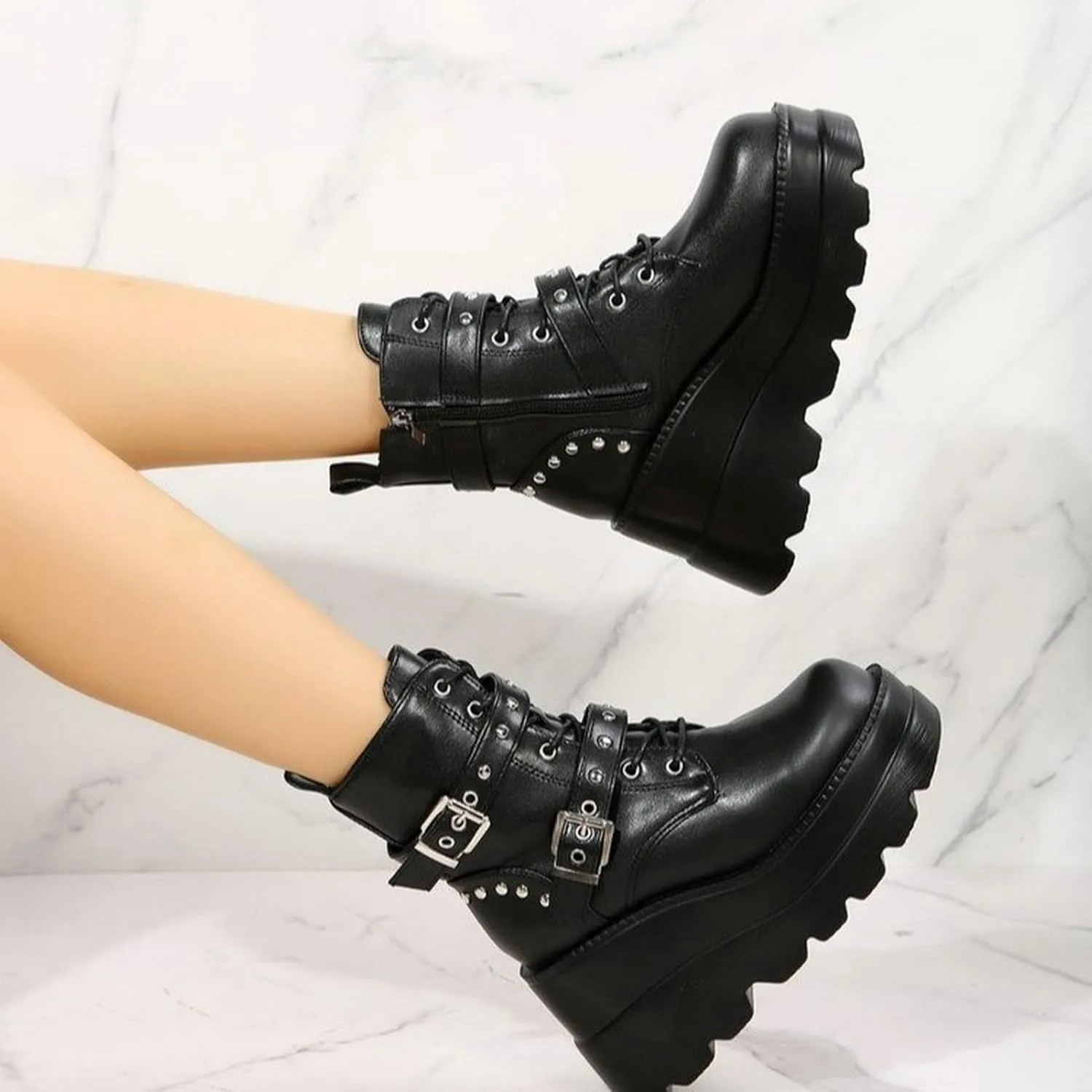 Meefit Women Wedged Boots Goth Lace Up Combat Platform Ankle Boots High Heels Punk Boots