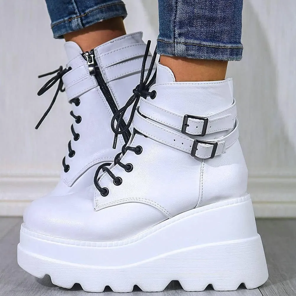 Meefit Women Wedged Boots Goth Lace Up Combat Platform Ankle Boots High Heels Punk Boots