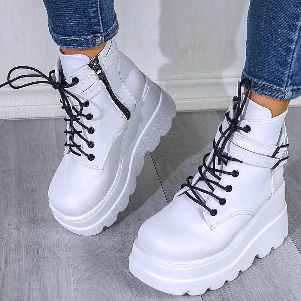Meefit Women Wedged Boots Goth Lace Up Combat Platform Ankle Boots High Heels Punk Boots