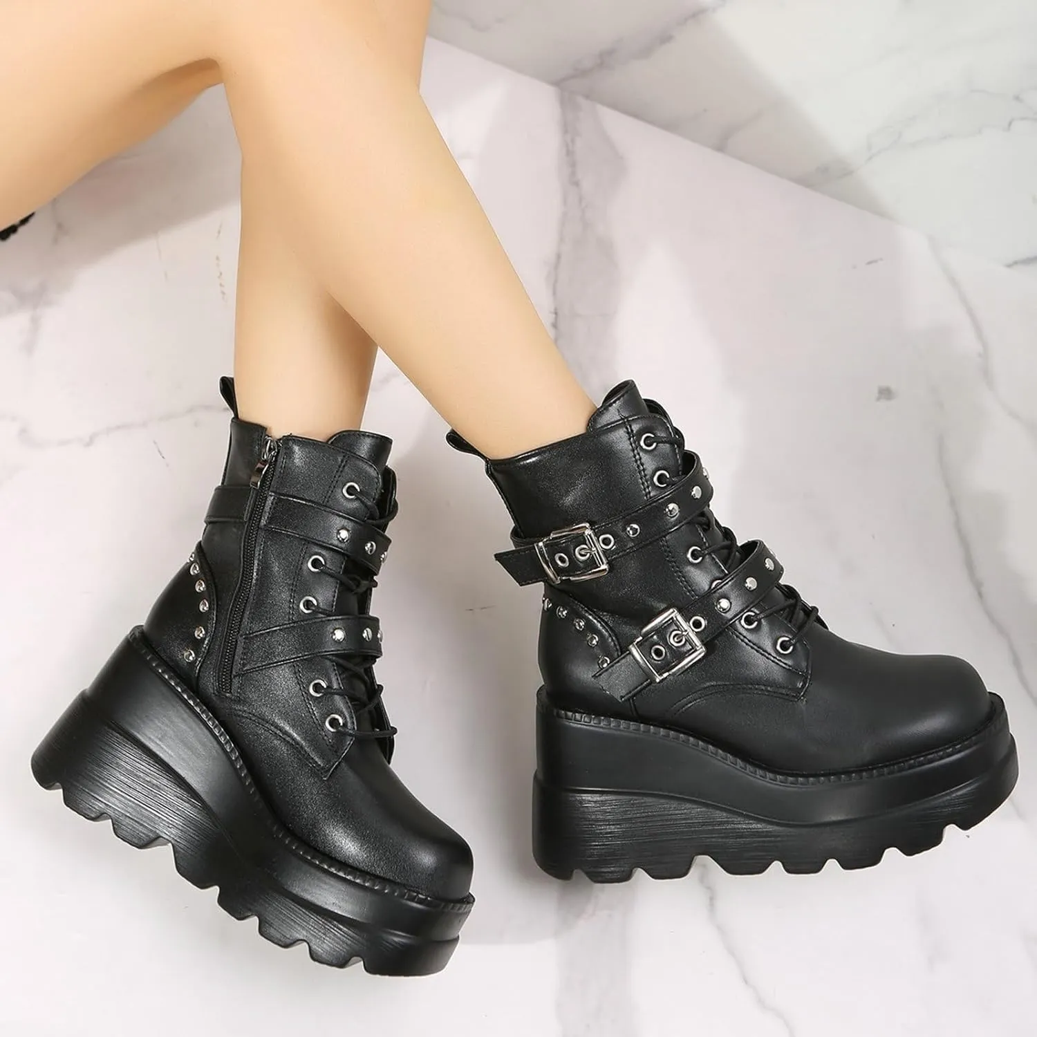 Meefit Women Wedged Boots Goth Lace Up Combat Platform Ankle Boots High Heels Punk Boots