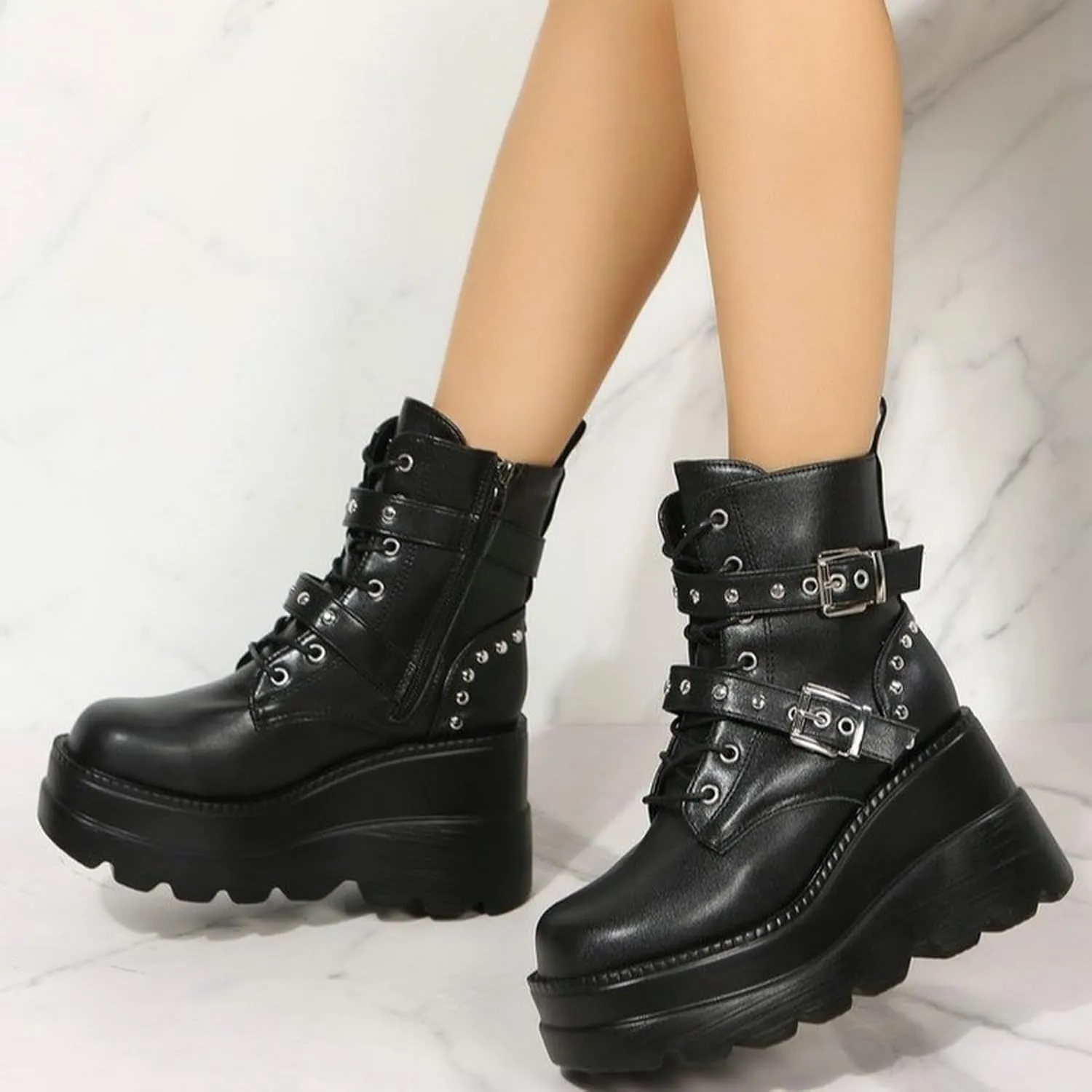 Meefit Women Wedged Boots Goth Lace Up Combat Platform Ankle Boots High Heels Punk Boots