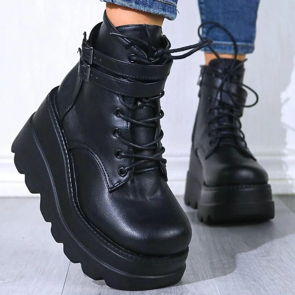 Meefit Women Wedged Boots Goth Lace Up Combat Platform Ankle Boots High Heels Punk Boots