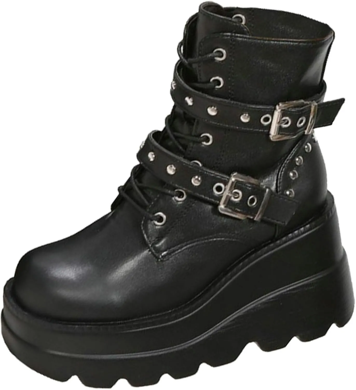 Meefit Women Wedged Boots Goth Lace Up Combat Platform Ankle Boots High Heels Punk Boots