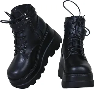Meefit Women Wedged Boots Goth Lace Up Combat Platform Ankle Boots High Heels Punk Boots