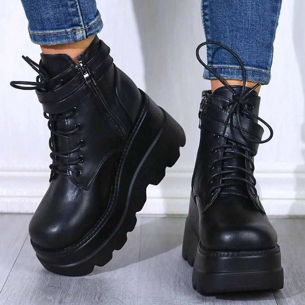 Meefit Women Wedged Boots Goth Lace Up Combat Platform Ankle Boots High Heels Punk Boots