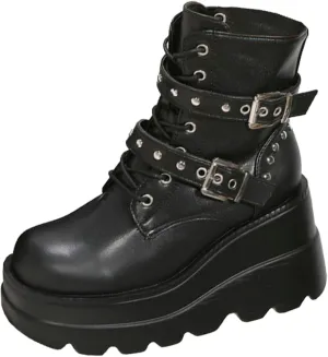 Meefit Women Wedged Boots Goth Lace Up Combat Platform Ankle Boots High Heels Punk Boots