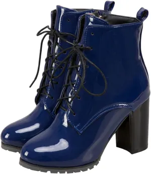 Meefit Women's Patent Leather Ankle Boots Lace Up Chunky Heel Booties With Zipper