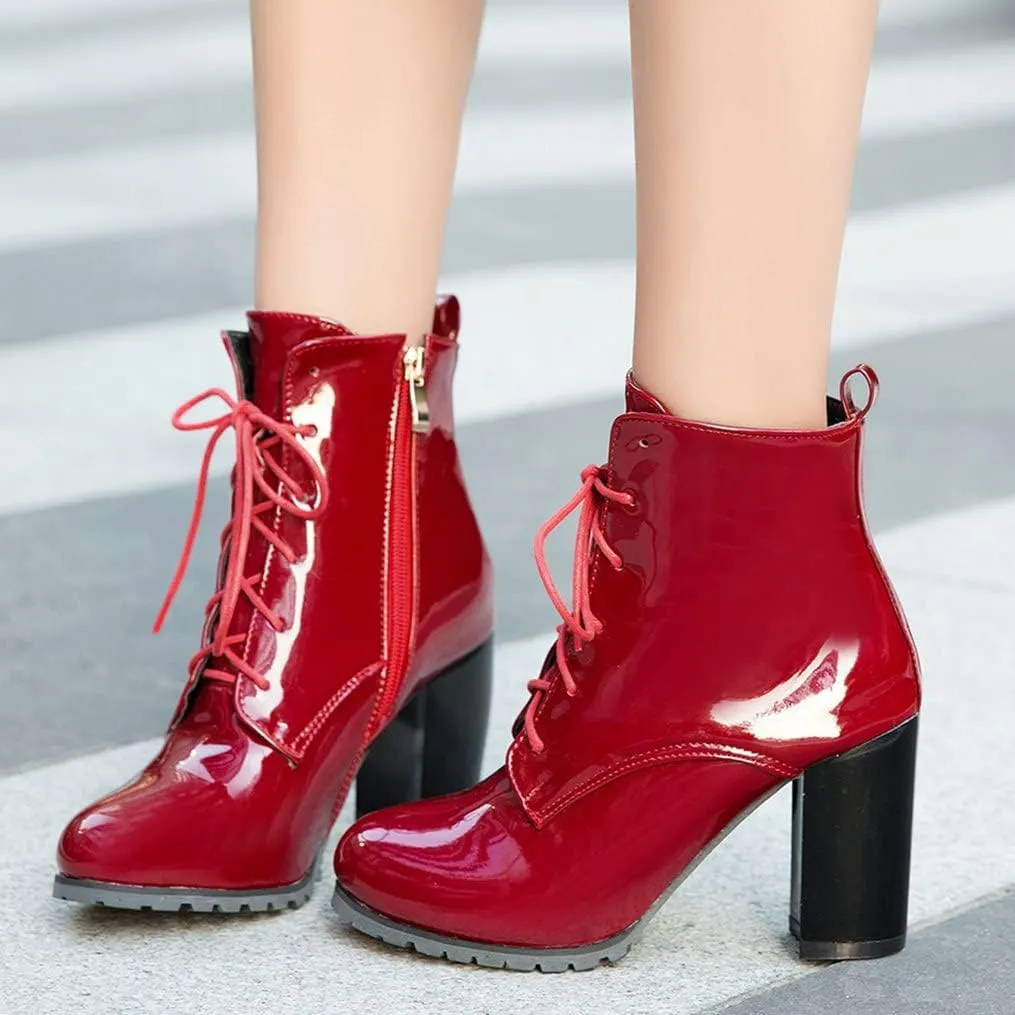 Meefit Women's Patent Leather Ankle Boots Lace Up Chunky Heel Booties With Zipper