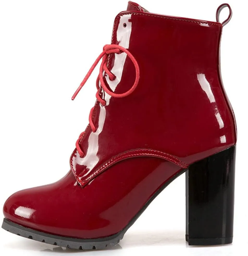 Meefit Women's Patent Leather Ankle Boots Lace Up Chunky Heel Booties With Zipper