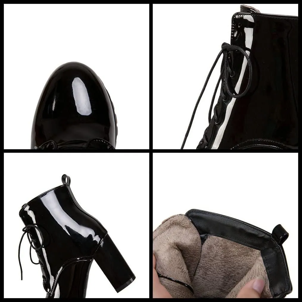 Meefit Women's Patent Leather Ankle Boots Lace Up Chunky Heel Booties With Zipper