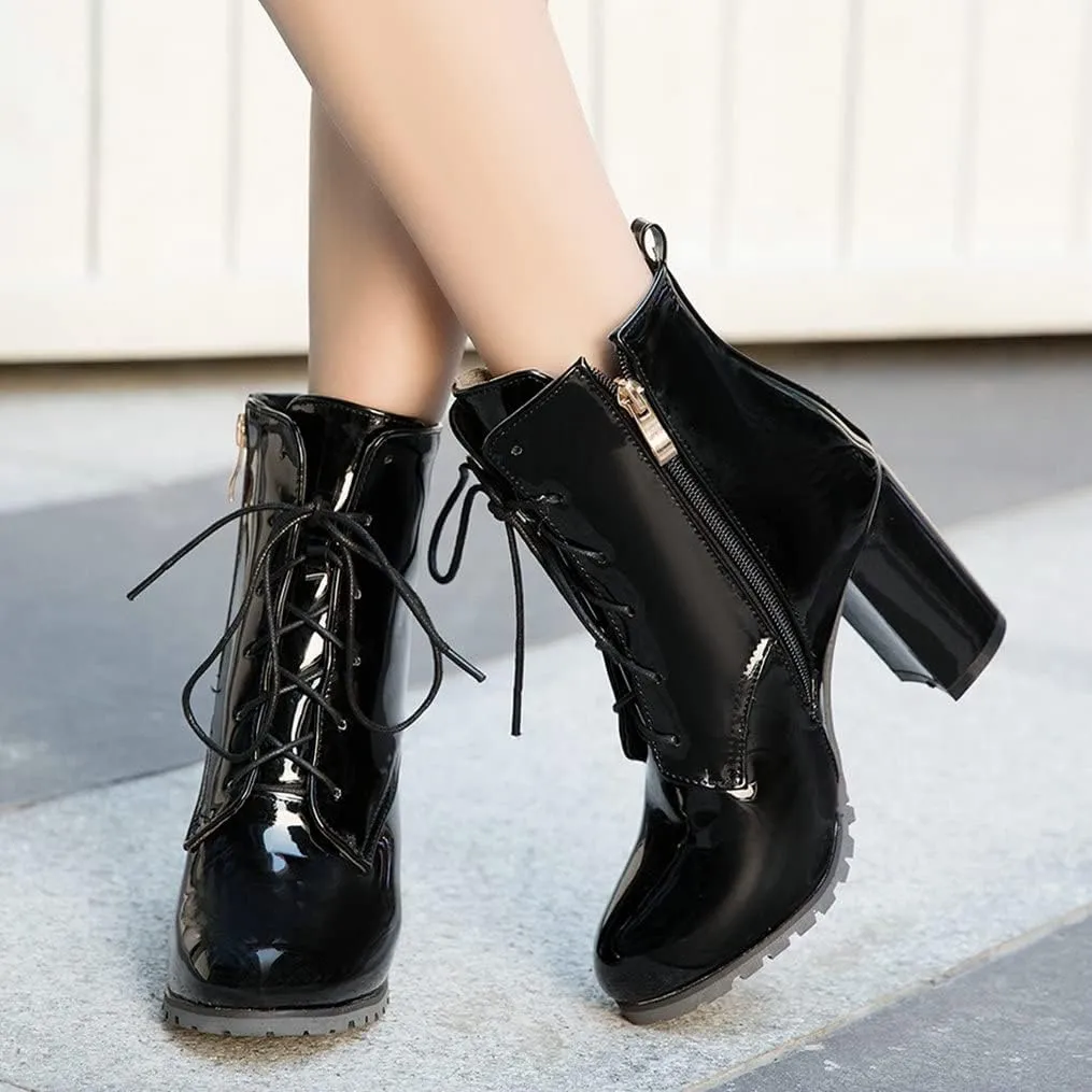 Meefit Women's Patent Leather Ankle Boots Lace Up Chunky Heel Booties With Zipper