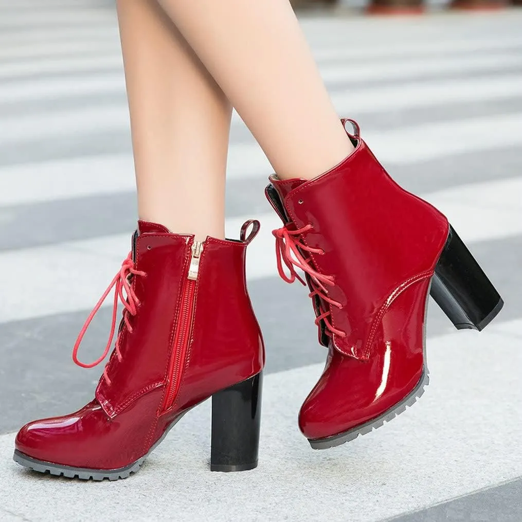 Meefit Women's Patent Leather Ankle Boots Lace Up Chunky Heel Booties With Zipper