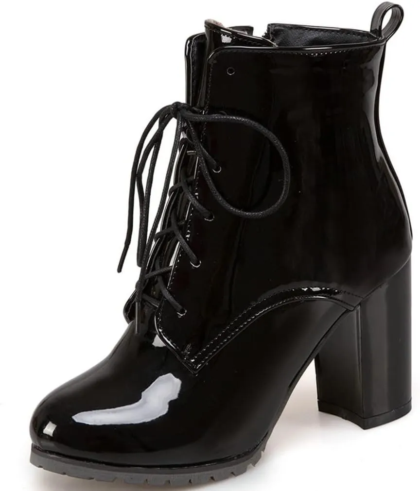 Meefit Women's Patent Leather Ankle Boots Lace Up Chunky Heel Booties With Zipper