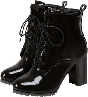 Meefit Women's Patent Leather Ankle Boots Lace Up Chunky Heel Booties With Zipper