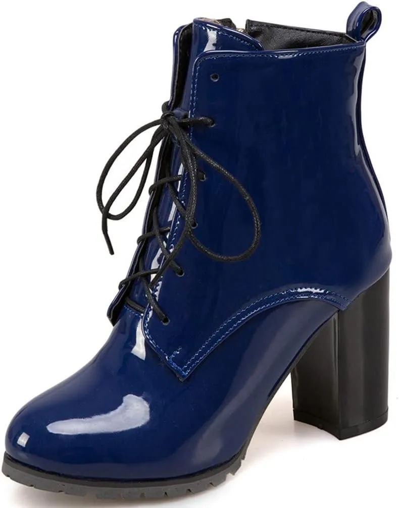 Meefit Women's Patent Leather Ankle Boots Lace Up Chunky Heel Booties With Zipper