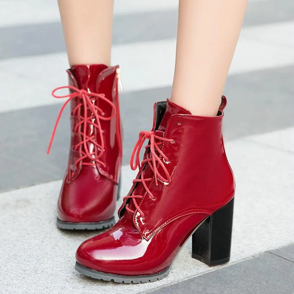 Meefit Women's Patent Leather Ankle Boots Lace Up Chunky Heel Booties With Zipper