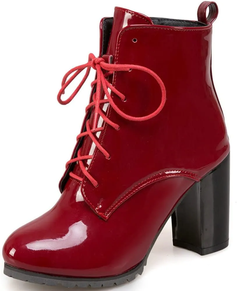 Meefit Women's Patent Leather Ankle Boots Lace Up Chunky Heel Booties With Zipper
