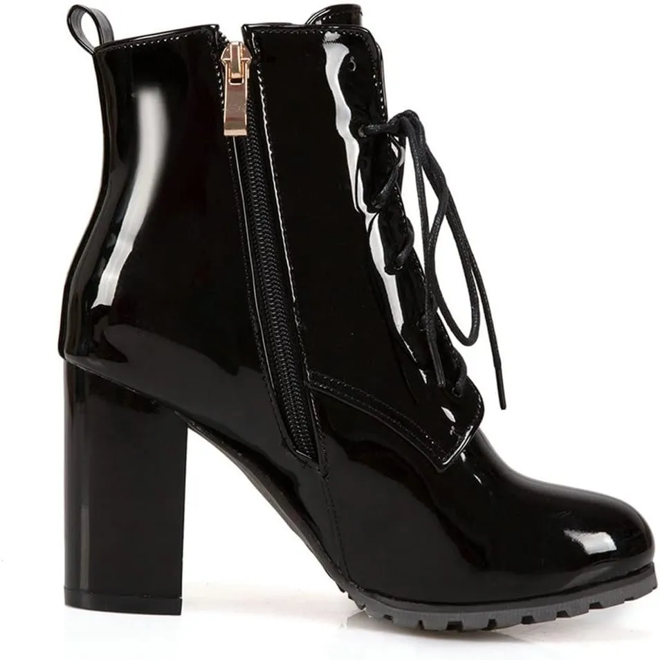 Meefit Women's Patent Leather Ankle Boots Lace Up Chunky Heel Booties With Zipper
