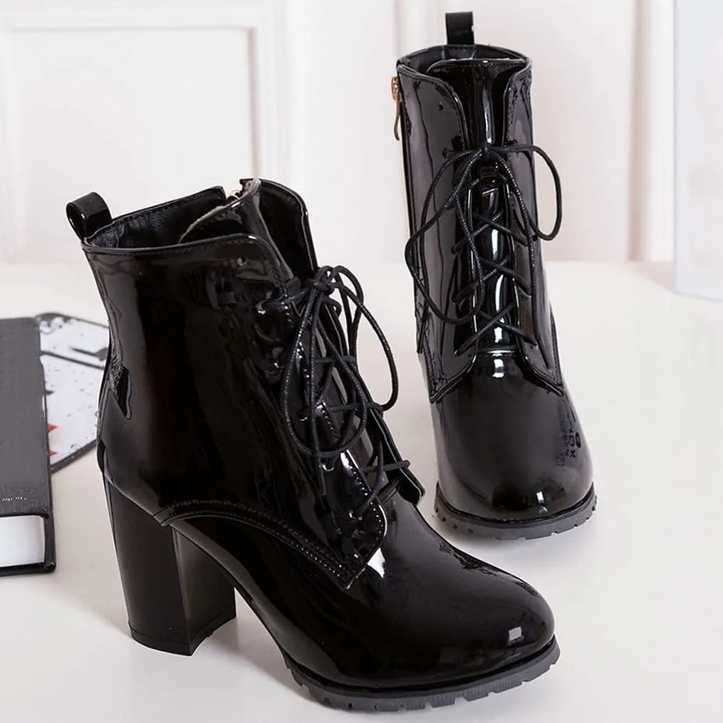 Meefit Women's Patent Leather Ankle Boots Lace Up Chunky Heel Booties With Zipper