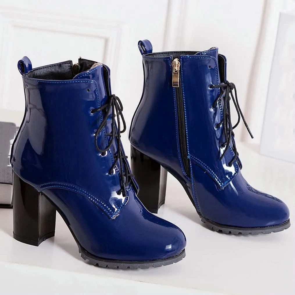 Meefit Women's Patent Leather Ankle Boots Lace Up Chunky Heel Booties With Zipper