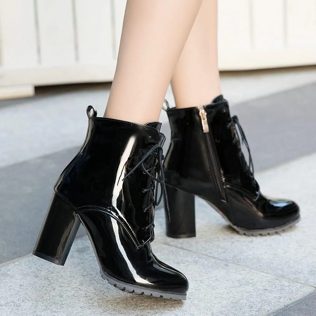 Meefit Women's Patent Leather Ankle Boots Lace Up Chunky Heel Booties With Zipper