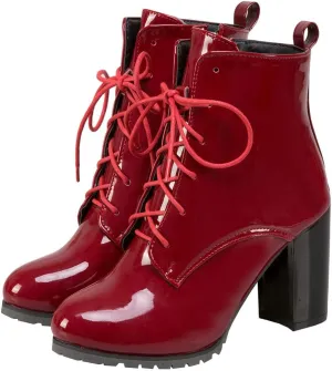 Meefit Women's Patent Leather Ankle Boots Lace Up Chunky Heel Booties With Zipper