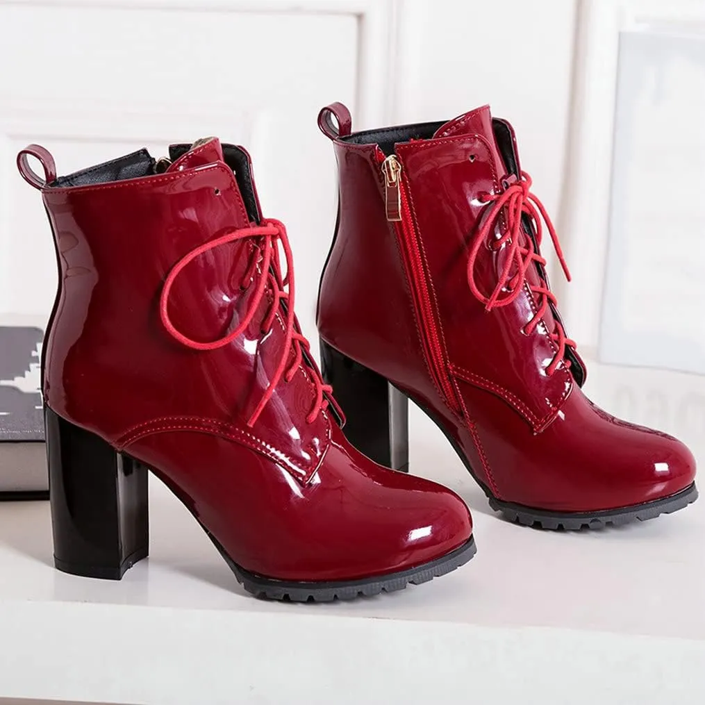 Meefit Women's Patent Leather Ankle Boots Lace Up Chunky Heel Booties With Zipper