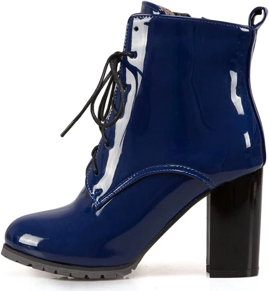 Meefit Women's Patent Leather Ankle Boots Lace Up Chunky Heel Booties With Zipper